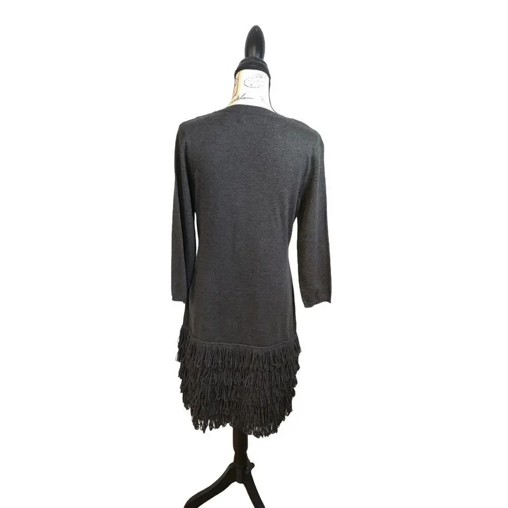 Calvin Klein Gray Charcoal Knit Sweater 3/4 Sleeve Tiered Fringed Hem Dress‎ L